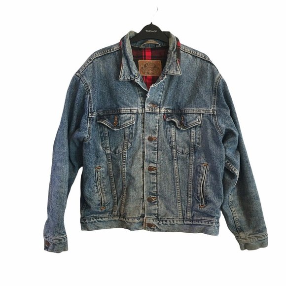 Levis Vintage Buffalo Plaid Lined Denim Trucker Jacket USA Made size M Medium